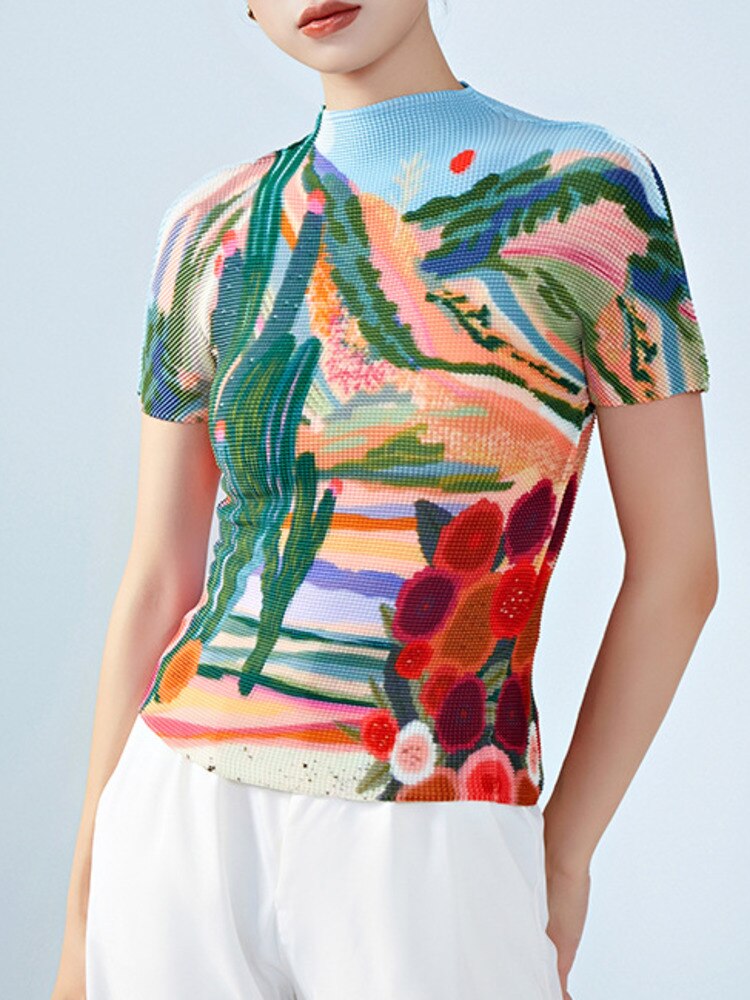Printed Pleated T-shirt For Women Turtleneck Short Sleeves Slim Fashion Tops Female Clothing Summer