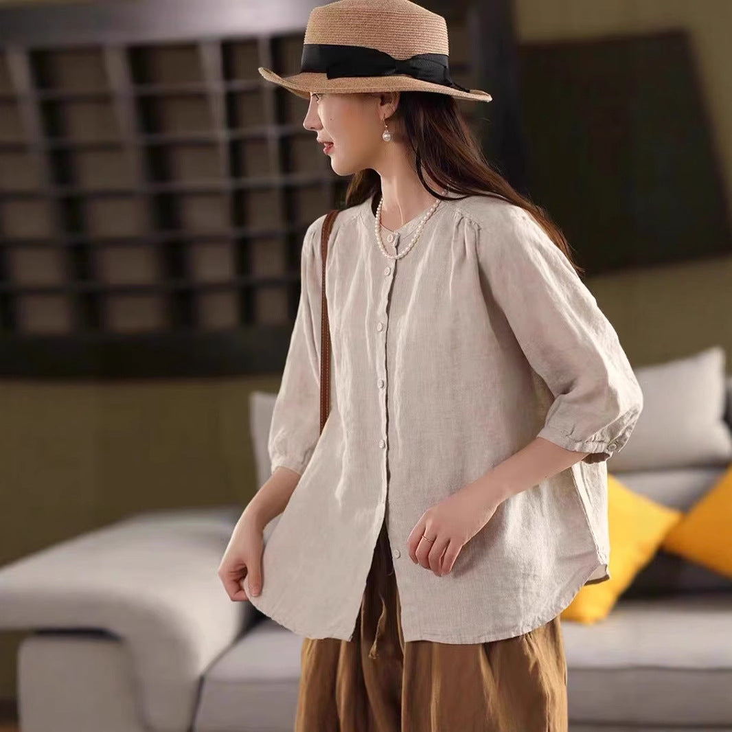 Literary Single-Breasted Linen Blouse Women Short Sleeve Cardigan Loose Slim Fit Versatile Top