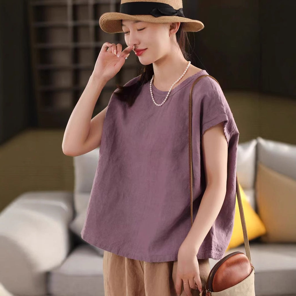 Hemp Top Retro Crew Neck Short Sleeve Loose Solid Color Versatile Literary T-Shirt