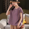 Hemp Top Retro Crew Neck Short Sleeve Loose Solid Color Versatile Literary T-Shirt