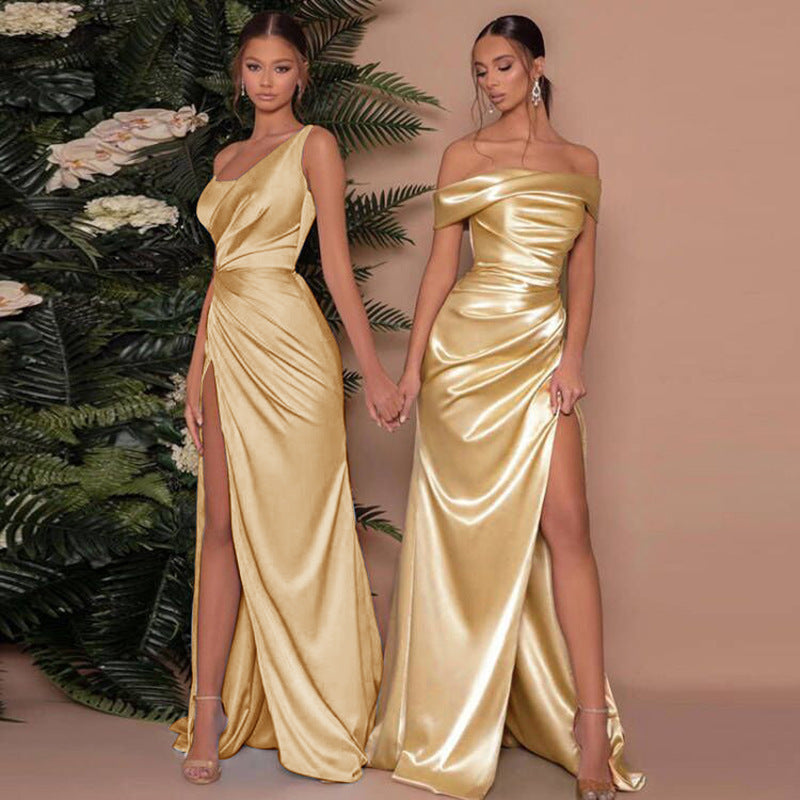 Elegant temperament satin off shoulder sexy women's summer dress