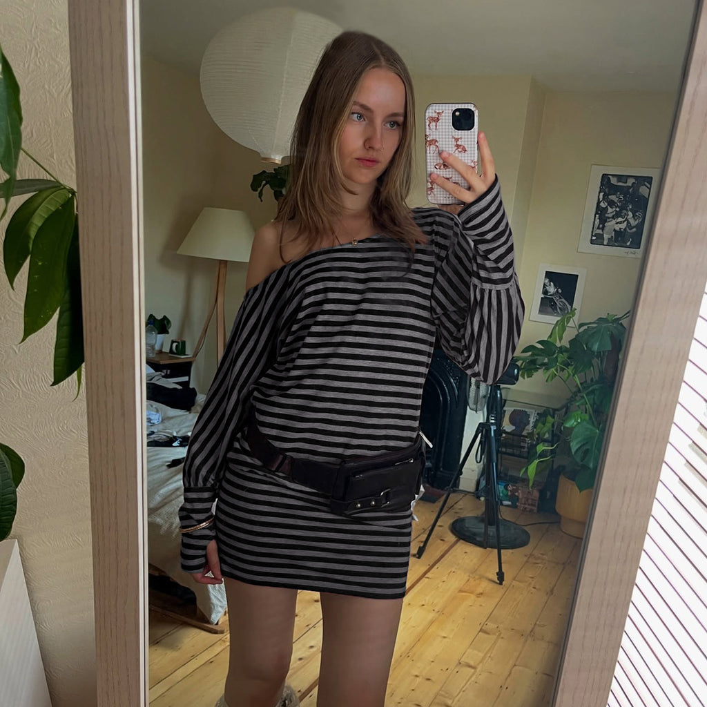 Casual Off-the-Shoulder Striped Long-Sleeved Dress Women's Design Sense Waist-Cinching Short Skirt Bodycon Dress