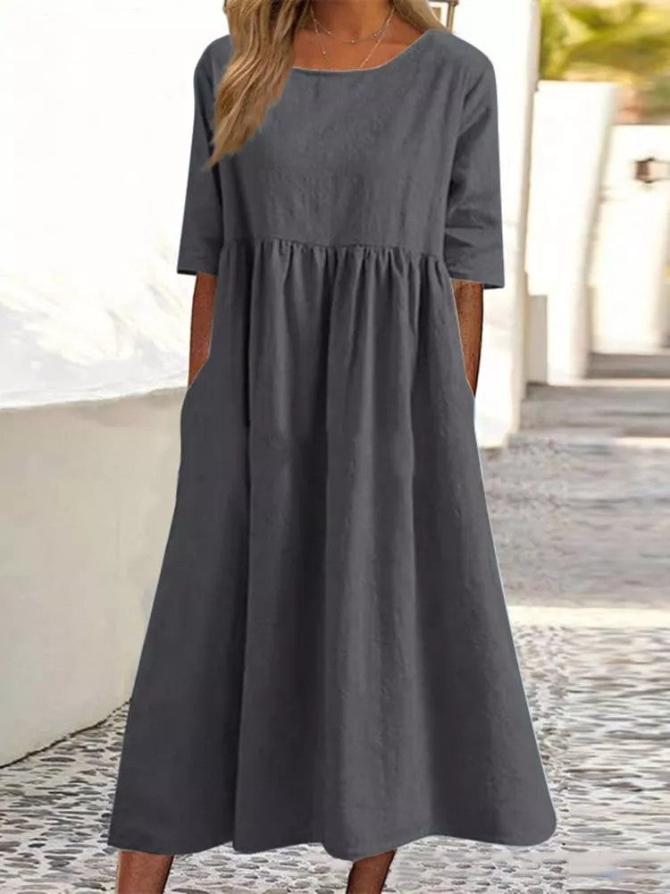 Casual Cotton Linen Short Sleeve Pocket Pleated Loose Round Neck Dress