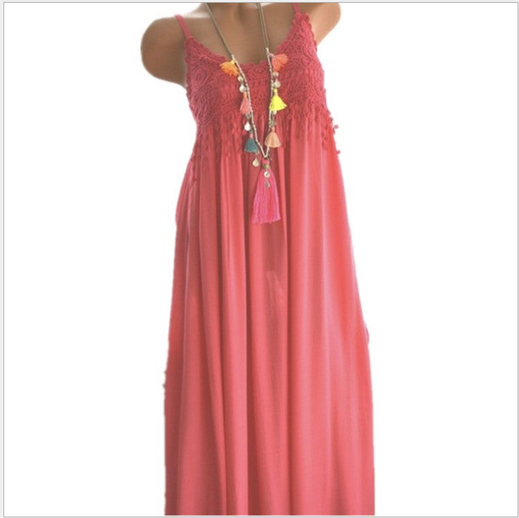 Sexy Lace Spliced Solid Color Mid-Length Strap Dress