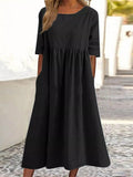 Casual Cotton Linen Short Sleeve Pocket Pleated Loose Round Neck Dress