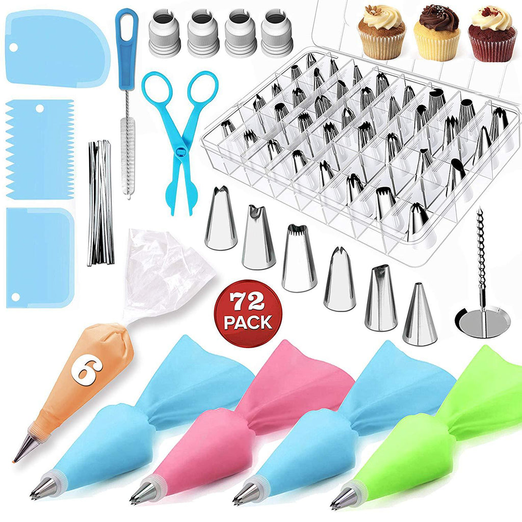 Conjunto de 72 peças numeradas de bicos de pasteleiro, incluindo saco de pasteleiro e utensílios para decoração de bolos e doces.