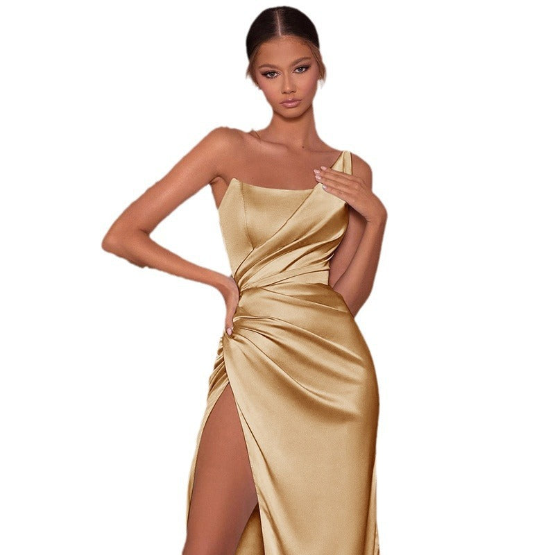 Elegant temperament satin off shoulder sexy women's summer dress