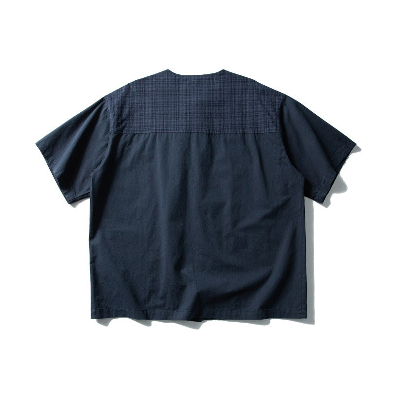 Retro irregular patchwork checkered loose short sleeved shirt