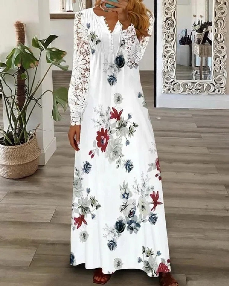 Fashion Printed Ruffle Long Sleeve Dress for Women Casual Summer Style Elegant Floral Design, One-Piece Dress