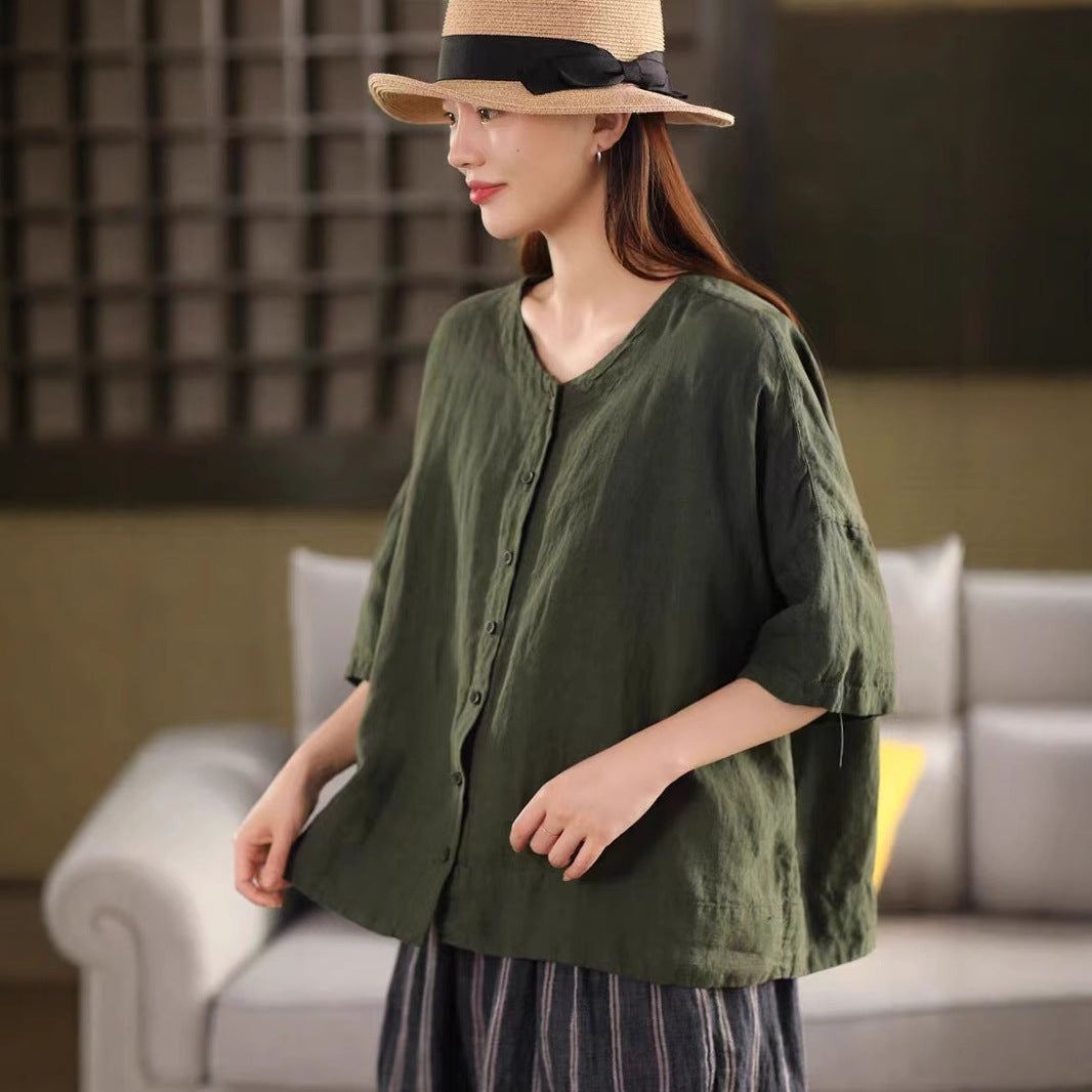 Vintage Thick Linen Mid-Sleeve Shirt Women's Elegant Single-Breasted Blouse Literary Solid Color Top
