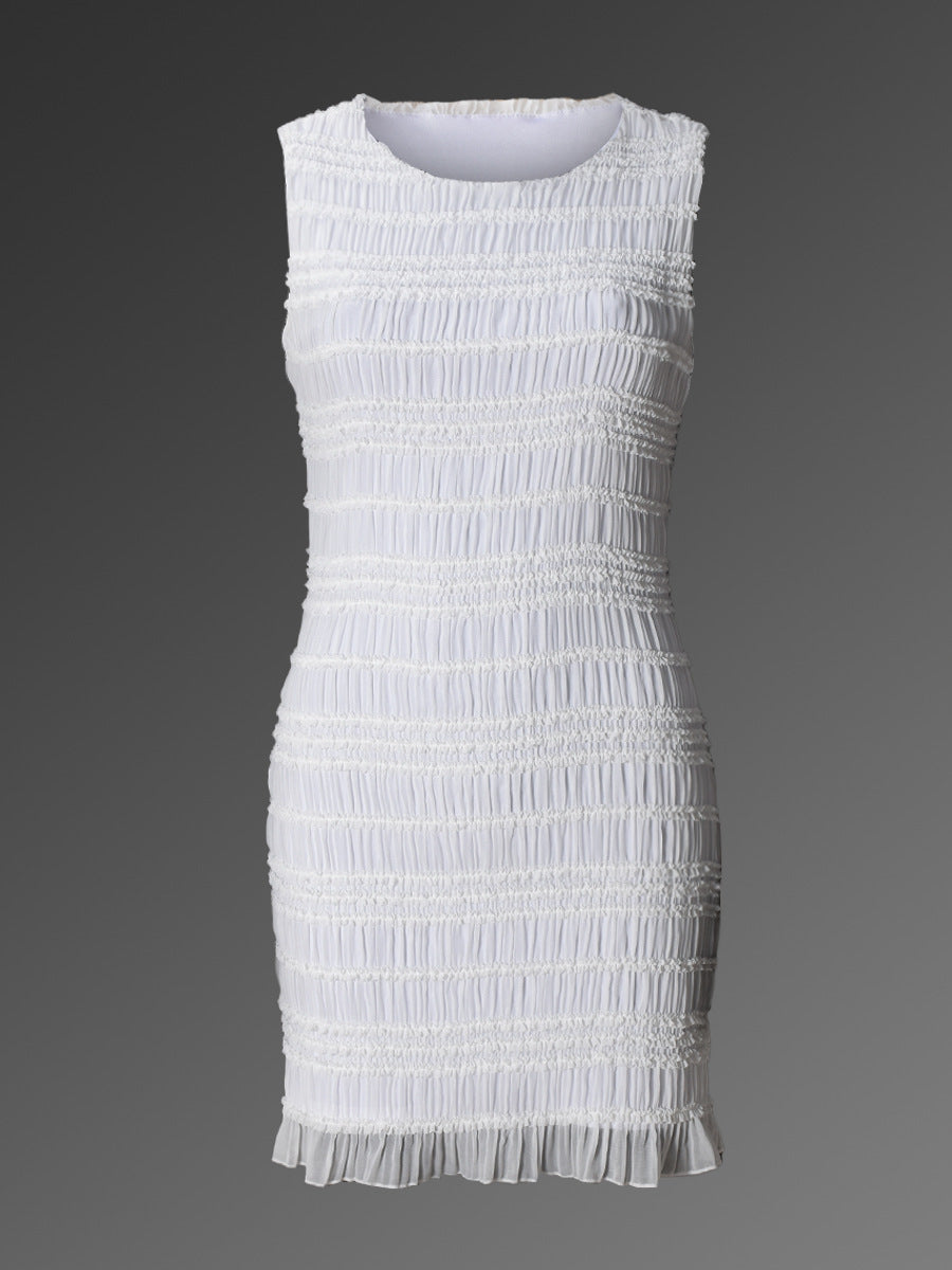 Striped layered hollow-out round-neck sleeveless dress for women