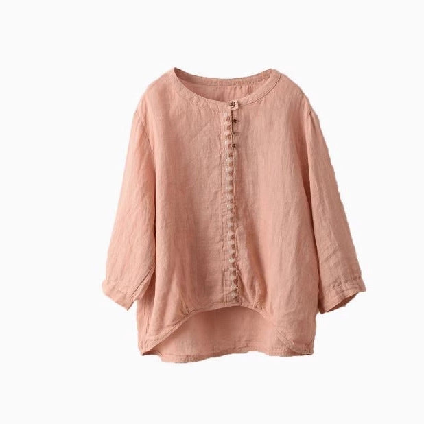Heavy Embroidery Placket Linen Shirt Elegant Pullover Loose Three-Quarter Sleeve Blouse Top