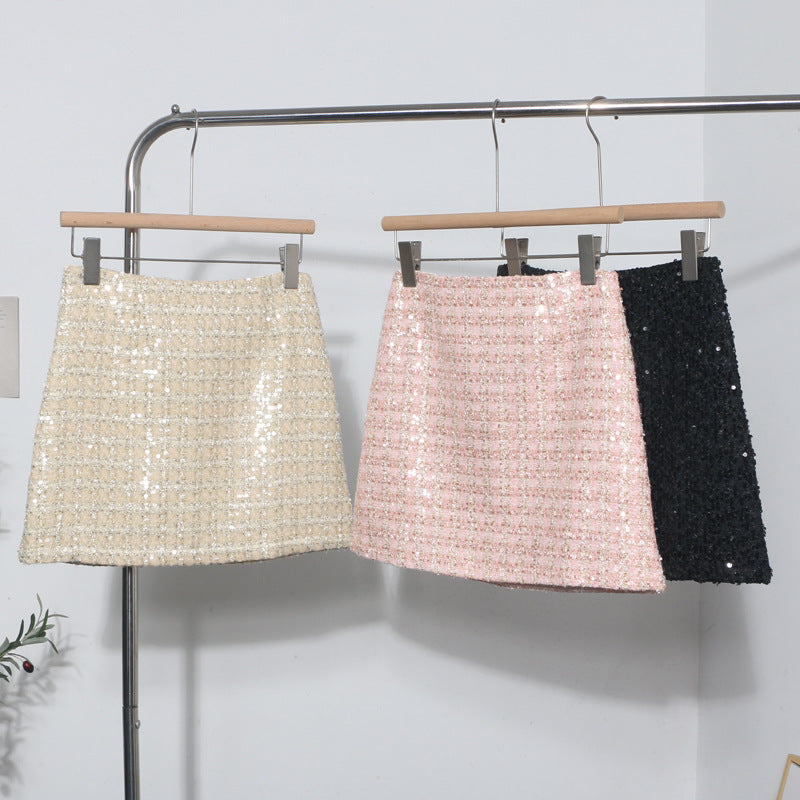 Sparkling woolen sequin one-step hip hugging skirt