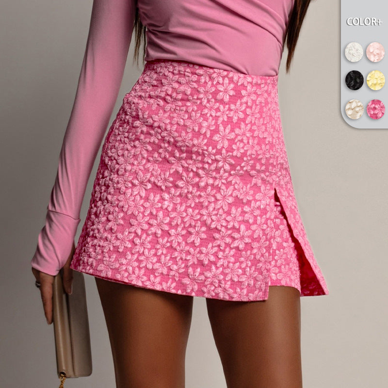 Summer Sweet Floral Embossed Side Slit Design High Waist A-Line Skirt