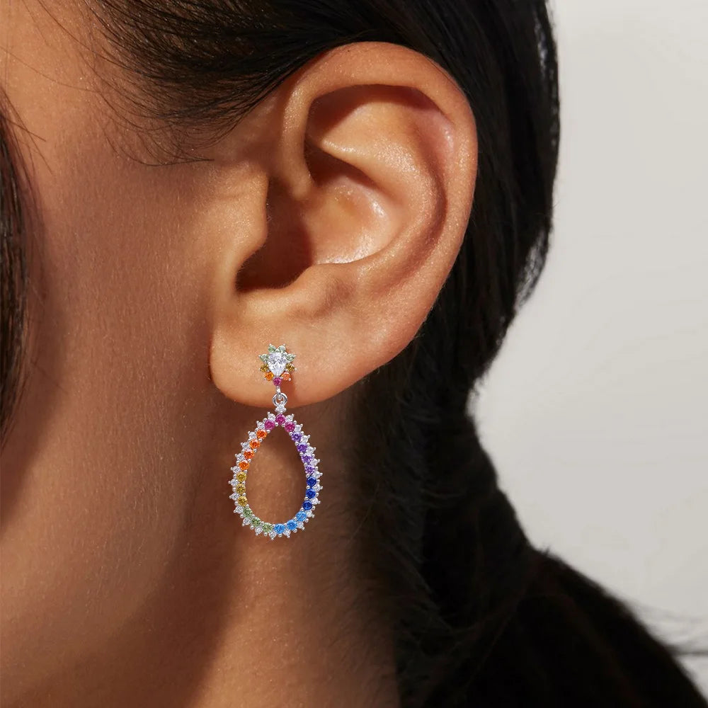 Colorful Nano Colored Zirconia Earrings for Women S925 Silver Full Set Colorful Treasure Long Earrings