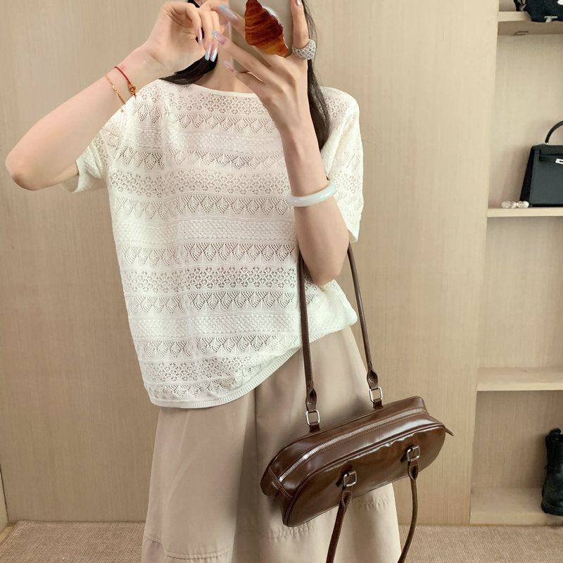 Hollow Floral Knit T-Shirt Women's Loose Fit Short Sleeve Top