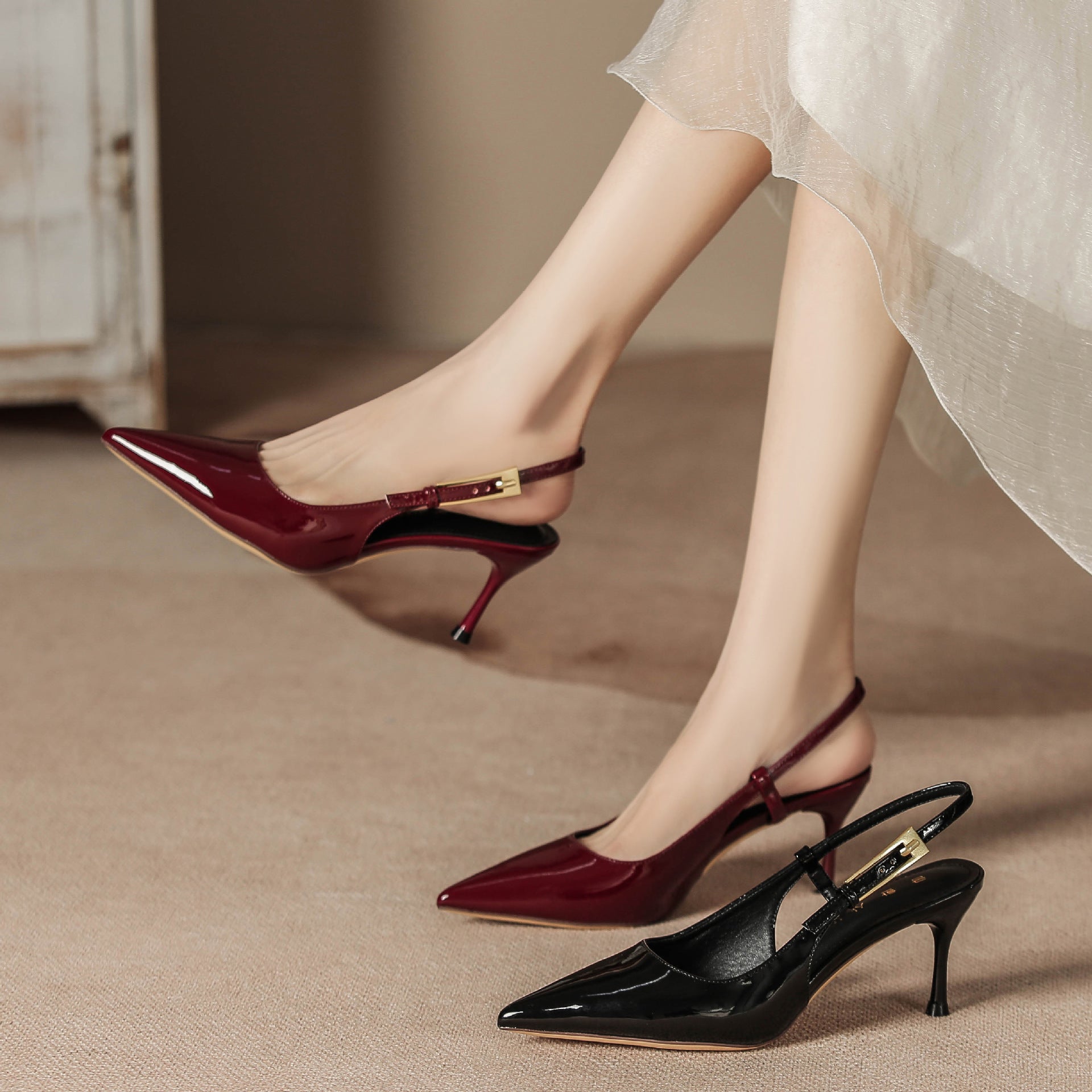 Women's High Heel Pointed Toe Stiletto Ankle Strap Pumps, Sexy Ladylike Red Patent Leather Open-Toe Shoes