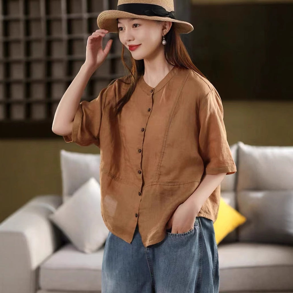 Retro High-Count Non-Sheer Ramie Shirt Women's Stand Collar Mid-Sleeve Blouse Three-Dimensional Splicing Top Thin Summer