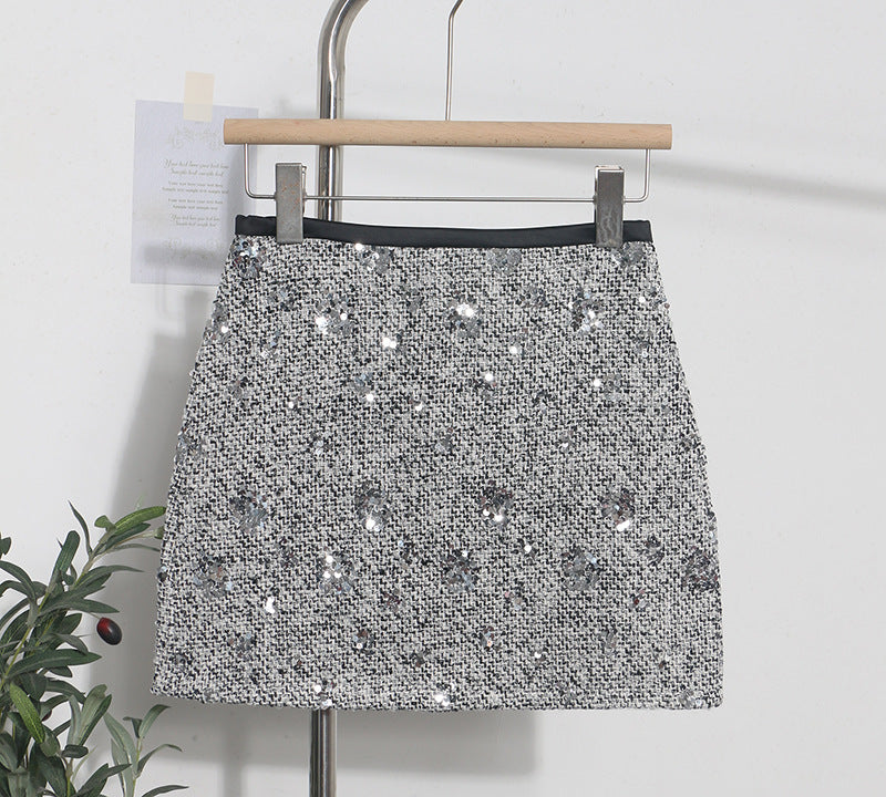 Sequined Red Pencil Skirt High Waist Slim A-Line Anti-See-Through Short Skirt