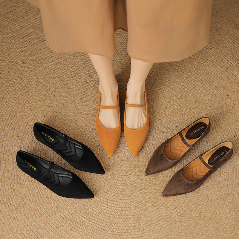French retro sheepskin low-heeled small leather shoes, women's pointed shallow mouth single shoes, plus size grandma shoes, boat shoes