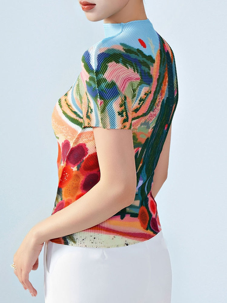 Printed Pleated T-shirt For Women Turtleneck Short Sleeves Slim Fashion Tops Female Clothing Summer
