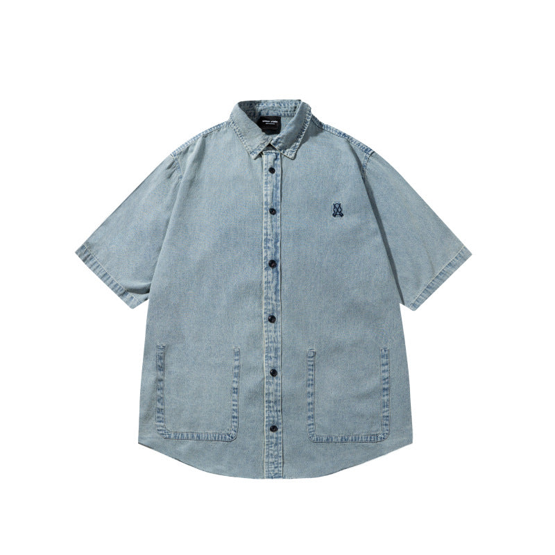 Washed denim shirt with embroidery for men and women