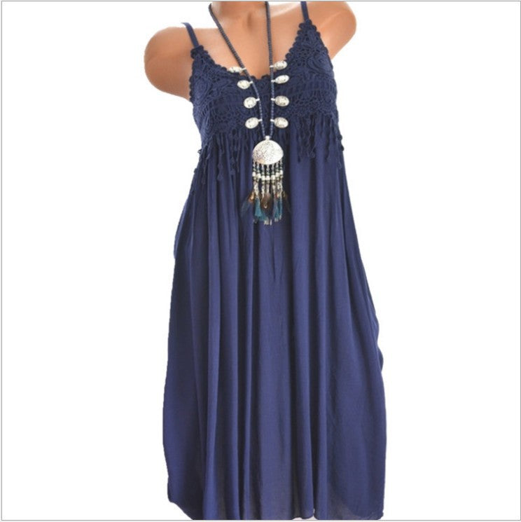 Sexy Lace Spliced Solid Color Mid-Length Strap Dress
