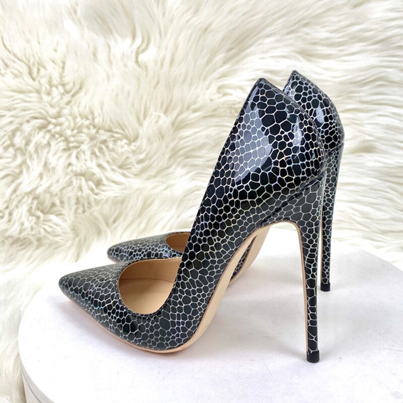 Tikicup Geometric Pattern Print Women's Black Patent Pointy Toe High Heel Celebrity Party Shoes Sexy Slip-On Stiletto Pumps