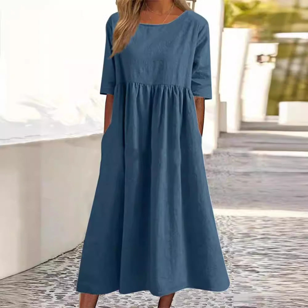 Casual Cotton Linen Short Sleeve Pocket Pleated Loose Round Neck Dress