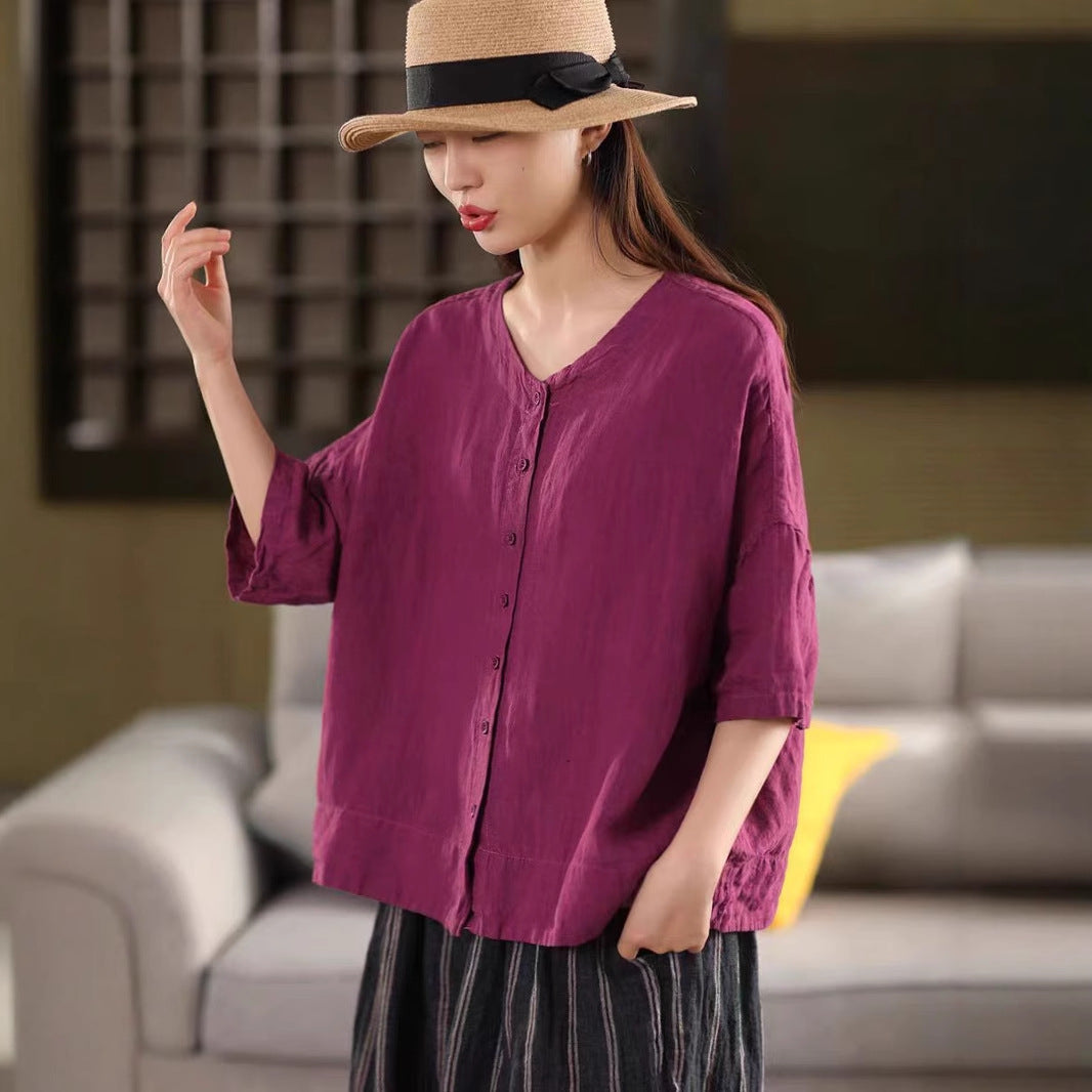 Vintage Thick Linen Mid-Sleeve Shirt Women's Elegant Single-Breasted Blouse Literary Solid Color Top