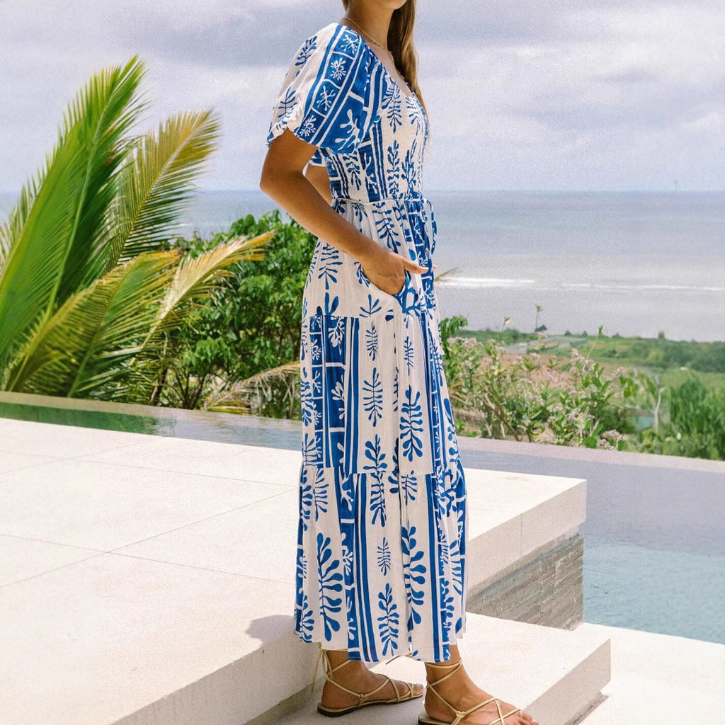 One Shoulder Multi-Way Pocket Maxi Dress with Flared Skirt