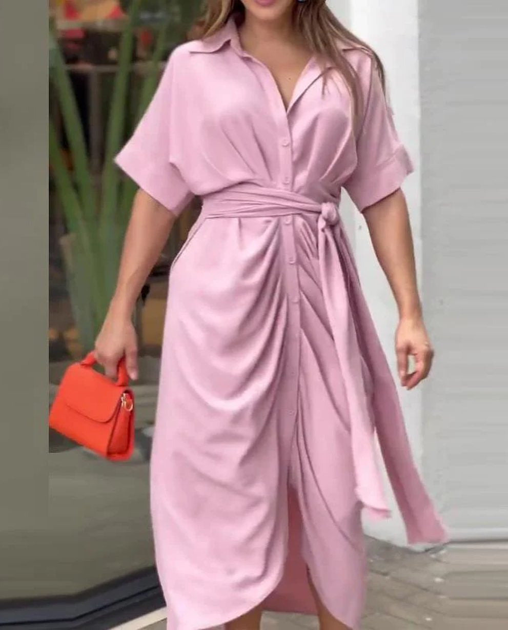 Fashionable Women's High-Waisted Single-Button Long Sleeveless Shirt Dress with Turn-Down Collar and Mid-Length Cut