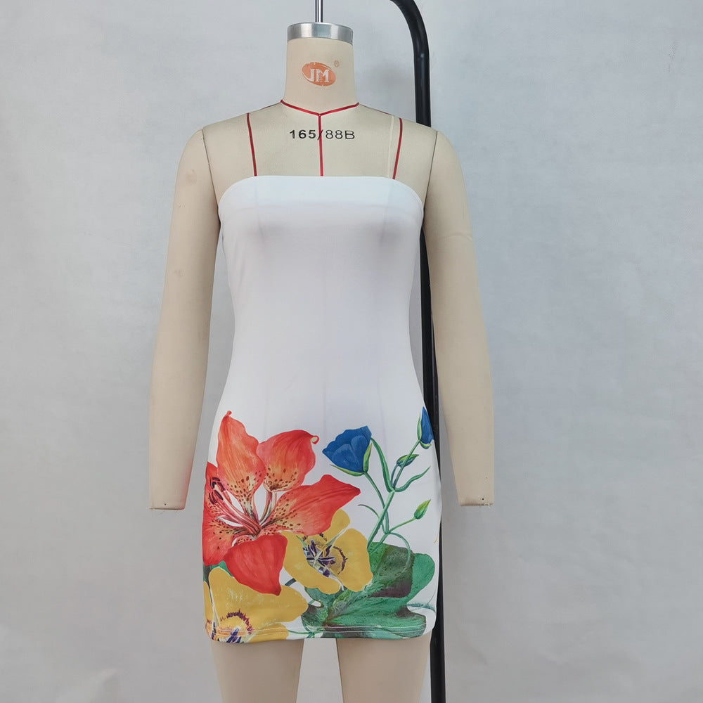 Strapless and waist cinching printed dress