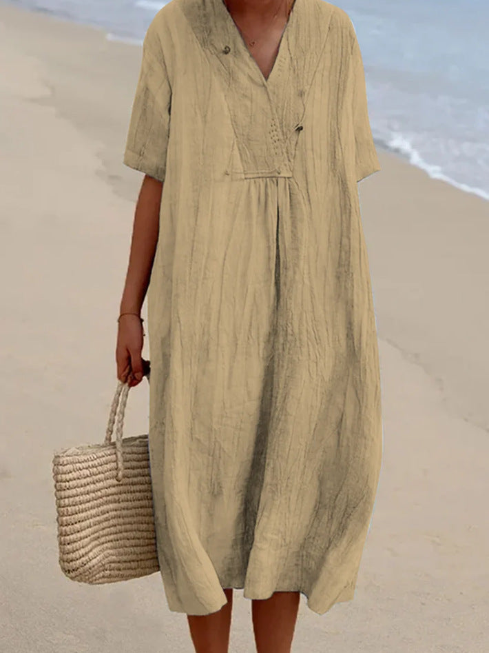 Women's Casual Slimming Pure Colour Linen Cotton Dress, Versatile and Fashionable