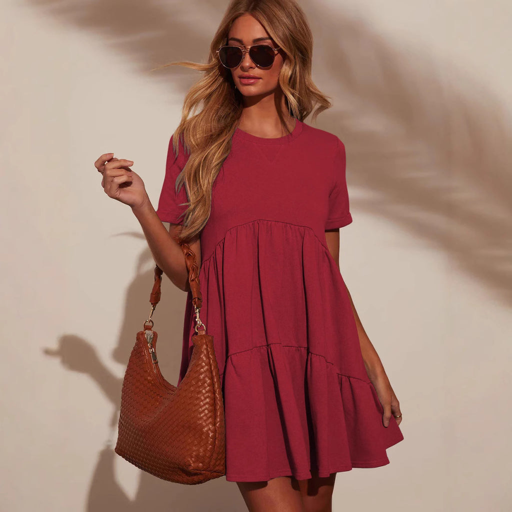 Women's  Short-sleeved Solid Color Elegant Loose Round Neck Pocket Commuter Versatile Dress