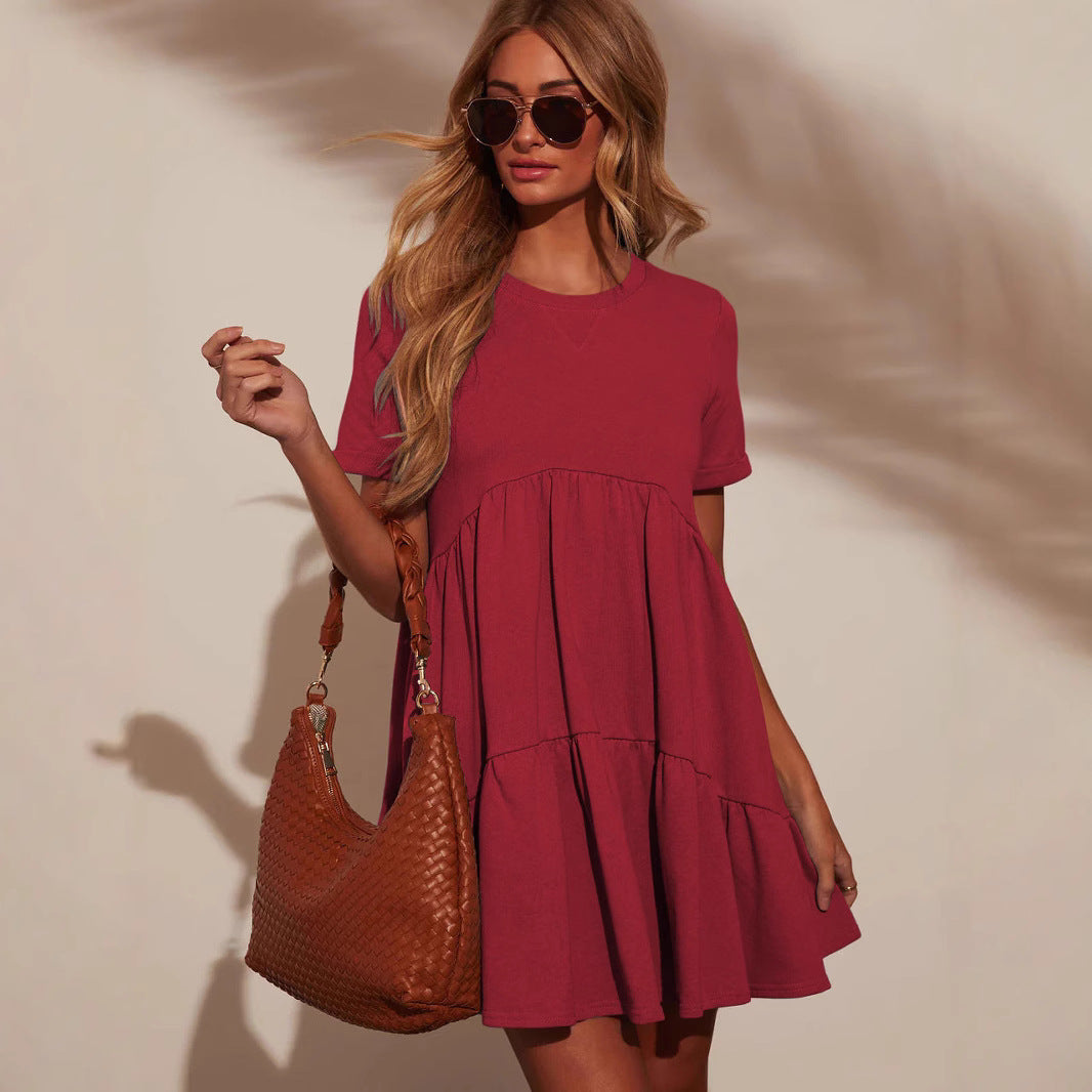 Women's  Short-sleeved Solid Color Elegant Loose Round Neck Pocket Commuter Versatile Dress