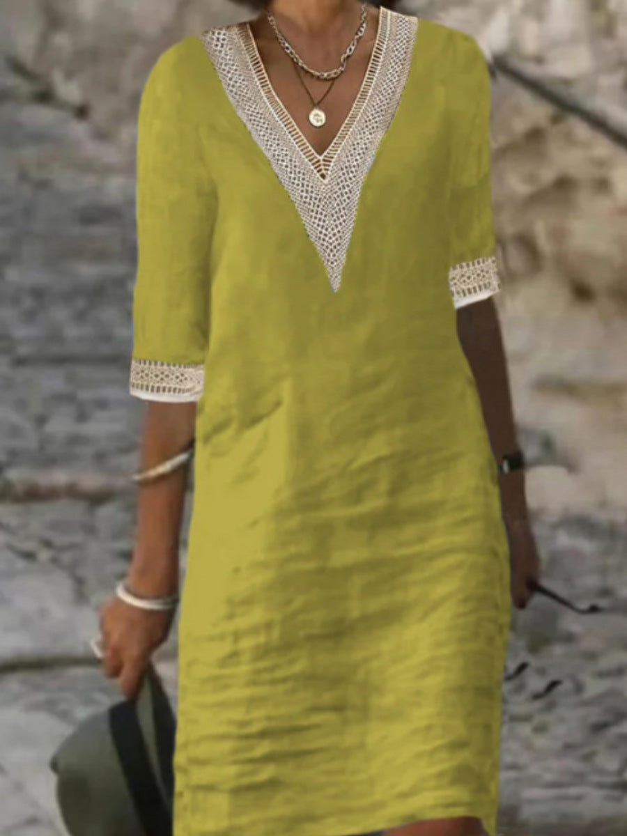 Elegant Pure Color V-Neck Mid-Sleeve Linen Cotton Dress for Women