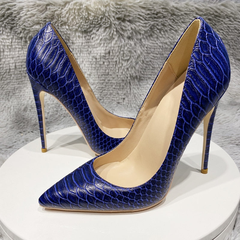 Navy Blue Crocodile Effect Pattern Women's Pointy Toe High Heel Shoes Chic Ladies Slip-On Stiletto Pumps