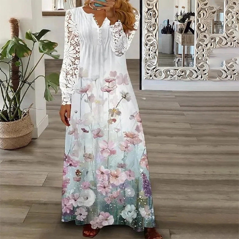 Fashion Printed Ruffle Long Sleeve Dress for Women Casual Summer Style Elegant Floral Design, One-Piece Dress