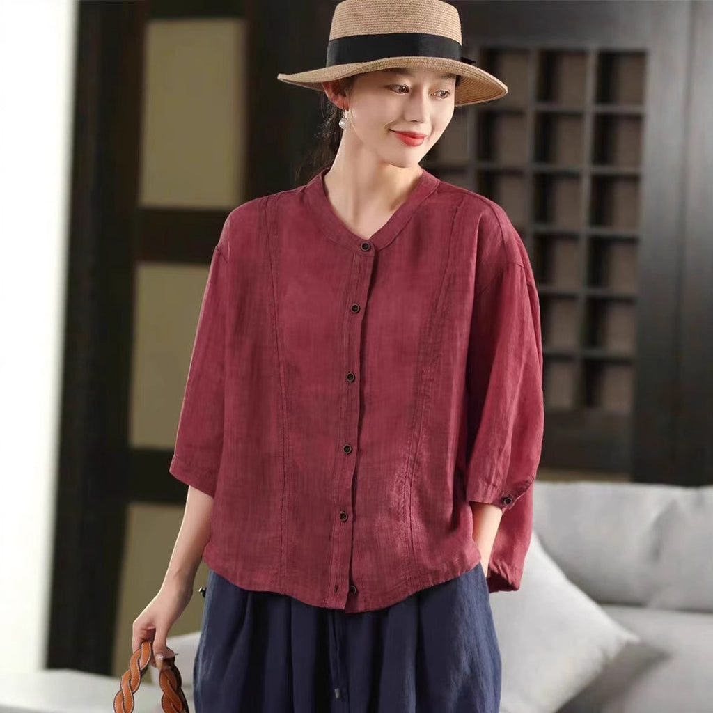 Chic Single-Breasted Seven-Quarter Sleeve Blouse for Women with Dyed Ramie Double Yarn Non-See-Through Fabric