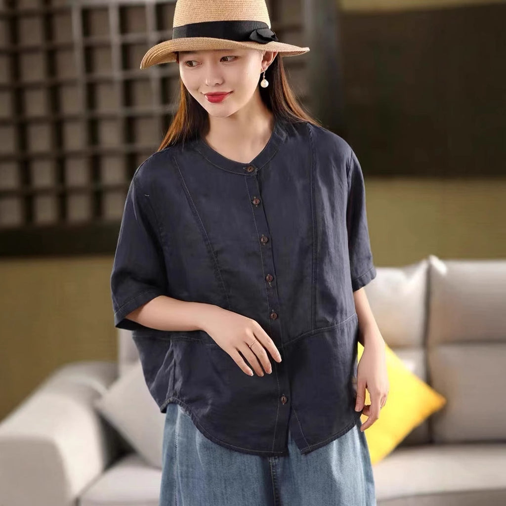 Retro High-Count Non-Sheer Ramie Shirt Women's Stand Collar Mid-Sleeve Blouse Three-Dimensional Splicing Top Thin Summer