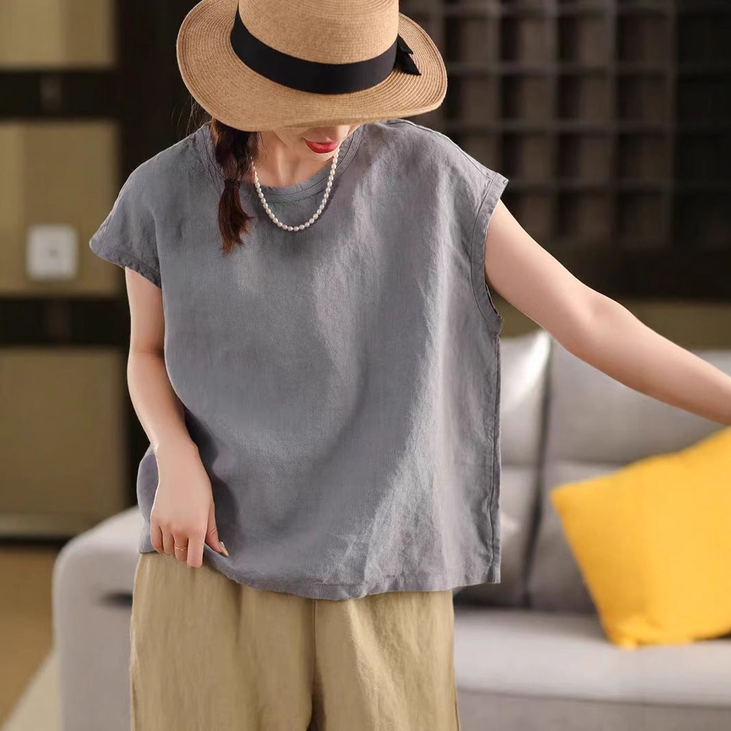 Hemp Top Retro Crew Neck Short Sleeve Loose Solid Color Versatile Literary T-Shirt
