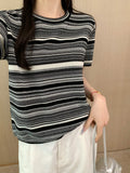 Color Block Stripe Round Neck Short Sleeve T-Shirt Women's Lyocell Tencel Knitted Top Versatile Slimming