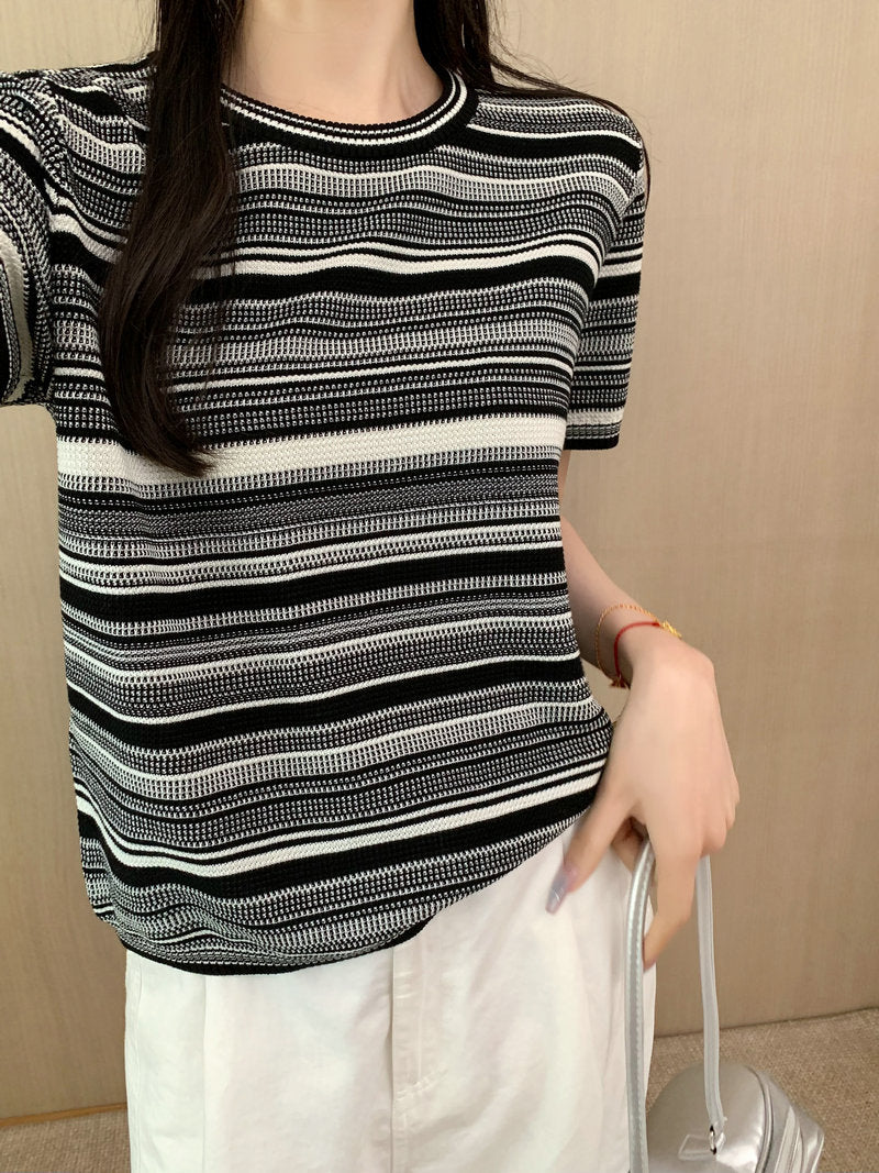 Color Block Stripe Round Neck Short Sleeve T-Shirt Women's Lyocell Tencel Knitted Top Versatile Slimming