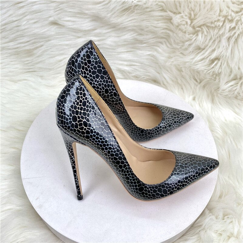 Tikicup Geometric Pattern Print Women's Black Patent Pointy Toe High Heel Celebrity Party Shoes Sexy Slip-On Stiletto Pumps