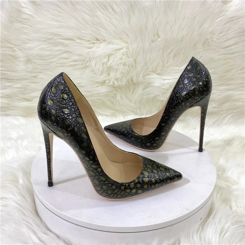 Brown Crocodile Effect Women Sexy Pointy Toe High Heel Party Shoes 12cm 10cm 8cm Slip On Stiletto Pumps Plus Size 45