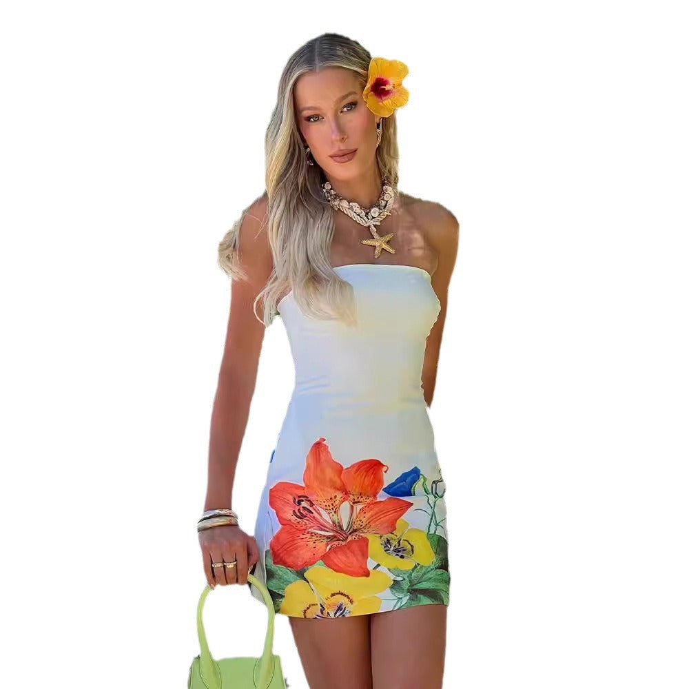 Strapless and waist cinching printed dress