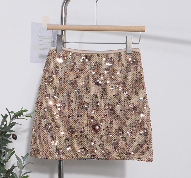 Sequined Red Pencil Skirt High Waist Slim A-Line Anti-See-Through Short Skirt