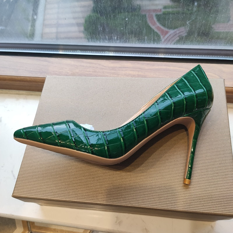 Tikicup Green Crocodile Effect Women Pointy Toe High Heels 8cm 10cm 12cm Customize Ladies Sexy Stiletto Pumps Club Party Shoes