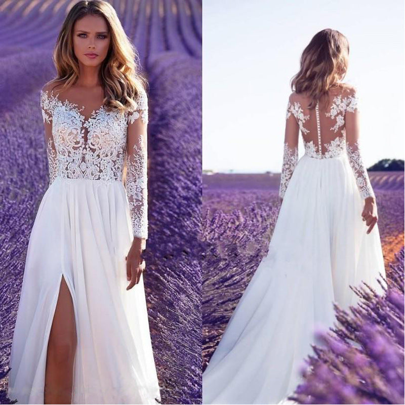 Long Sleeve Sheer Lace Wedding Bridesmaid Dress with Slit Long Skirt